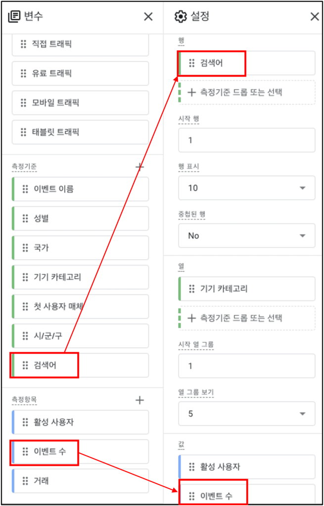 탐색 분석 측정기준 및 측정항목 